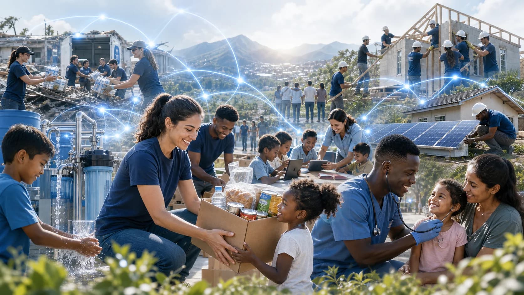 Volunteers and families connected by light across water, healthcare, shelter, education, and clean energy scenes.